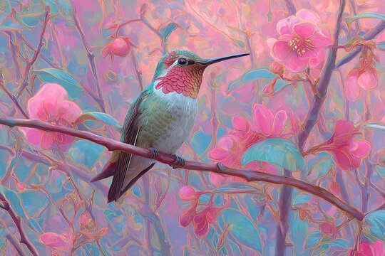 hummingbird in a whimsical pastel dreamscape