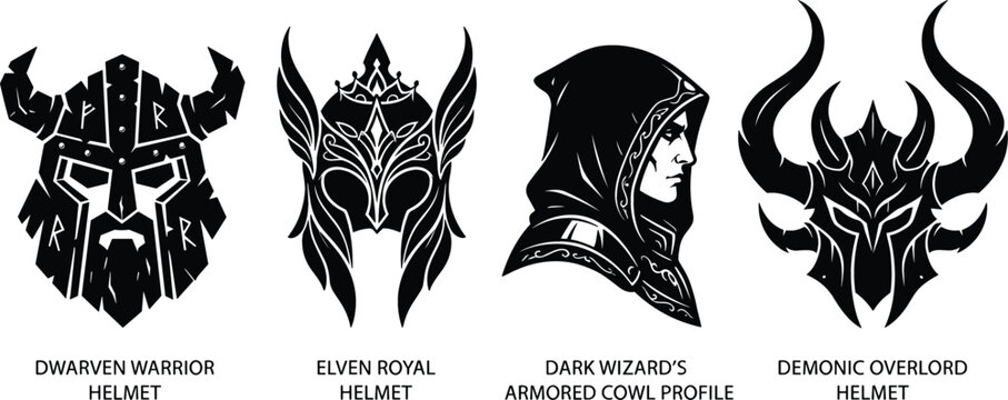 Fantasy RPG Character Silhouette Icon Set with Dwarven Warrior Helmet, Elven Royal Crown, Dark Wizard Armored Cowl Profile, and Demonic Overlord Helmet Graphics