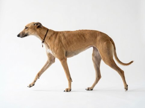Elegant Greyhound Dog Walking Gracefully on a White Background.