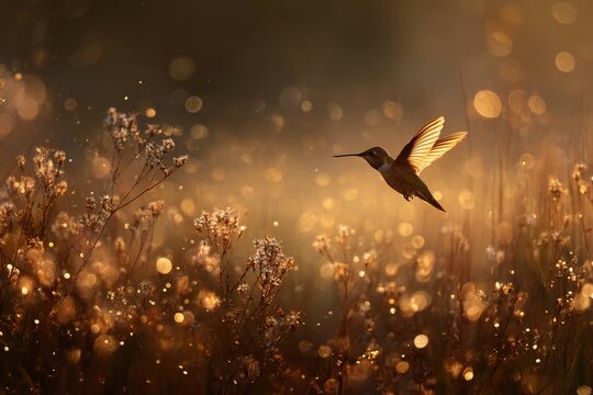 hummingbird in glowing golden field