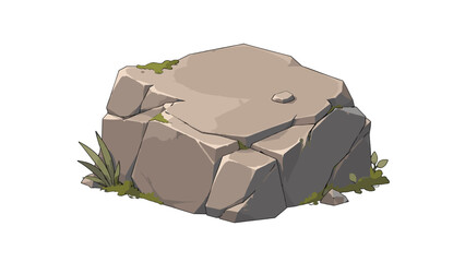 Cartoon stone boulder with grass isolated on white background © Andrei