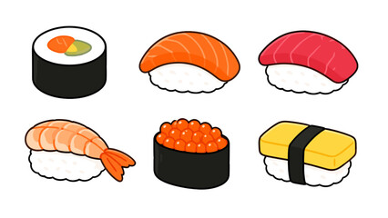 Cute sushi set with nigiri, roll, roe and tamago icons © Andrei