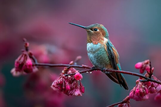 hummingbird in soft morning fog with pink hues