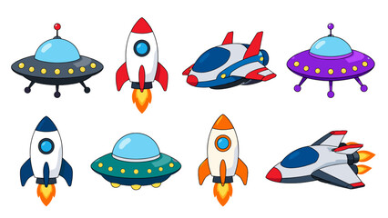Cartoon spacecraft set with rockets and flying saucers © Andrei