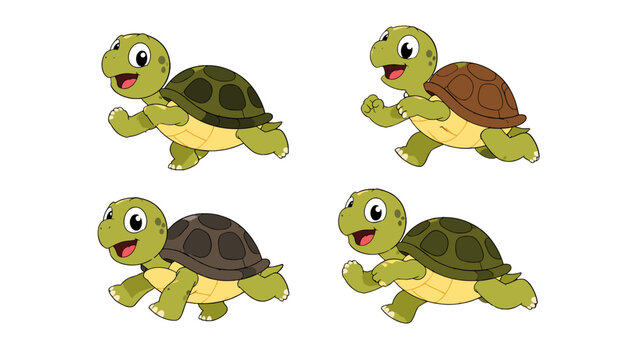 Set of four smiling cartoon turtles in running poses