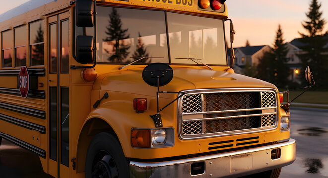 Iconic Yellow School Bus on Suburban Street at Sunset