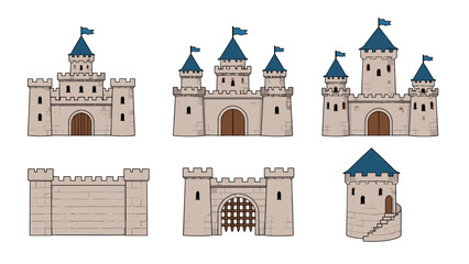 Set of medieval castle towers walls and gates in flat vector style © Andrei