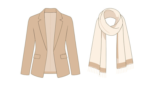 Beige blazer jacket and scarf vector illustration set