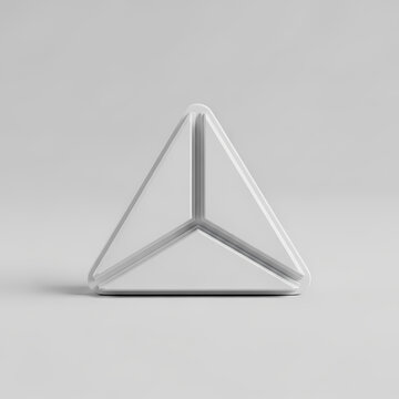 A perfectly symmetrical white triangular prism shape with three distinct partitioned sections arranged in a balanced geometric composition that suggests structural integrity and professional