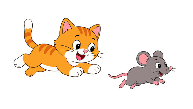 Cartoon orange cat chasing a small gray mouse