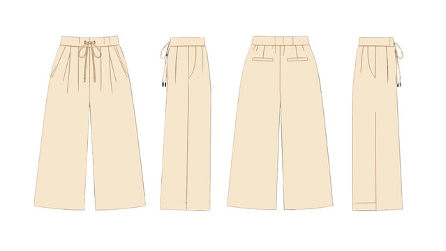 Beige wide leg drawstring pants technical fashion sketch
