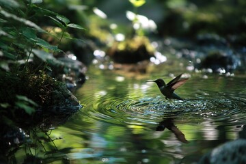 Obraz premium hummingbird reflected in rippling forest stream