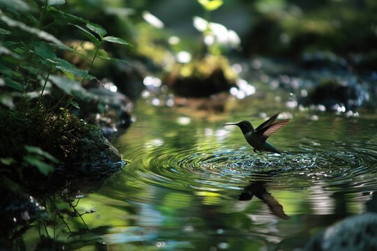 hummingbird reflected in rippling forest stream