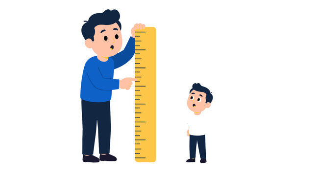 Adult and child comparing height with a large ruler illustration
