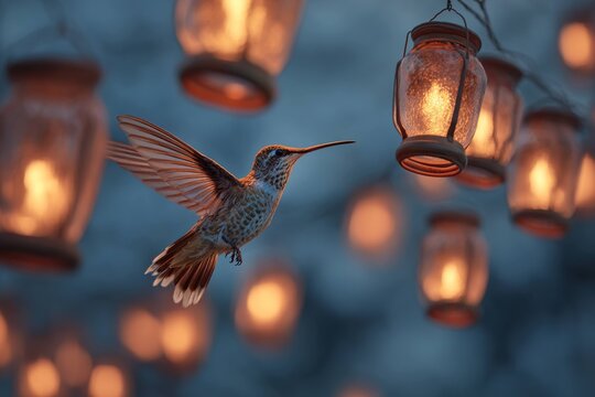 hummingbird surrounded by floating lanterns
