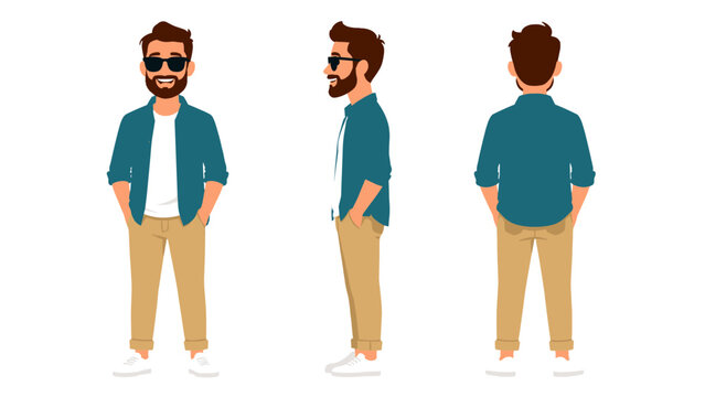 Casual bearded man character shown from front side and back