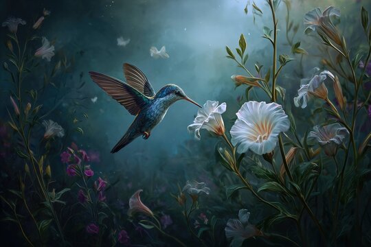 hummingbird whispering to flowers, fairytale scene