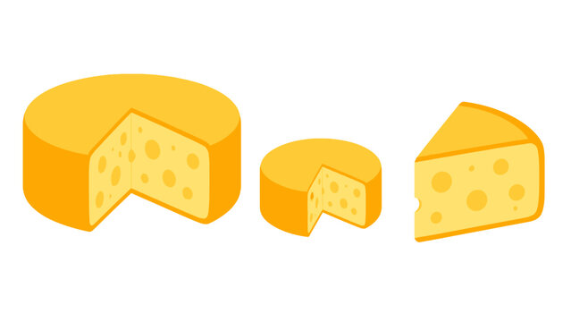 Vector cheese wheel and slice icons isolated on white