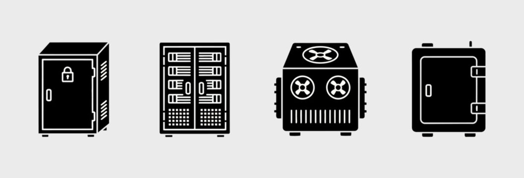 Black and White Glyph Icon Set Depicting Various Industrial Server Rack Enclosures