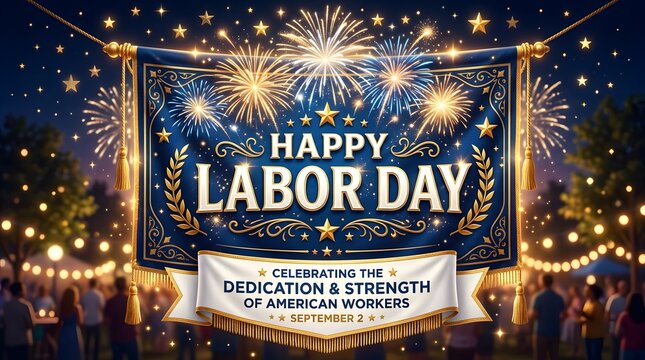 Happy Labor Day banner with fireworks. Festive celebration sign for American workers.