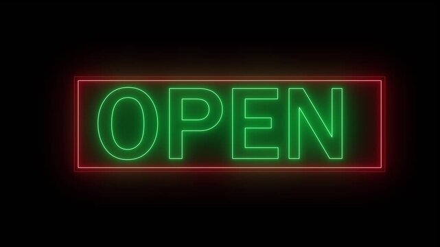 Bright neon OPEN sign green lettering red border retail stores, restaurants, cafes, hotels, shopping promotions, business advertisements, commercial intros, storefront displays, digital marketing