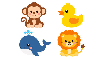 Obraz premium Cute cartoon animal set with monkey duck whale and lion