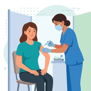 Nurse Administering Vaccine to Patient in Clinic - Flat Design Vector Illustration