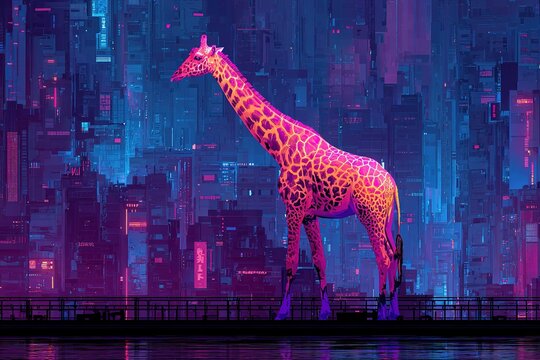 neon-colored giraffe in cyberpunk cityscape