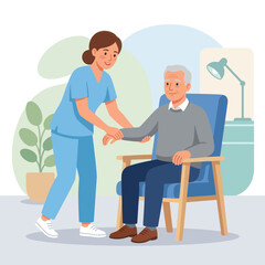 Fototapeta premium Nurse assisting elderly man in chair, healthcare and home care concept illustration