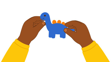 Hands holding a blue dinosaur toy in simple vector style © Andrei