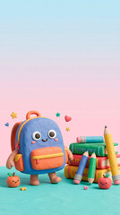 Fototapeta premium Cute clay backpack character with school supplies and colorful gradient background