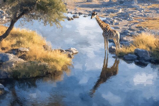 painterly scene of giraffe at waterhole
