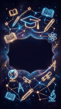 Neon education symbols on a starry cosmic background with a central dark frame