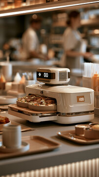 Robot kitchen pizza automation workforce impact restaurant chef food robot preparing pizza in modern kitchen with blurred worker and visible automation impact on busy workforce
