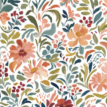 Hand-Drawn Seamless Floral Background with Botanical Flowers, Roses, Lotus, Hearts, Leaves and Blossoms | Elegant Spring Summer Nature Wallpaper Pattern | Soft Pastel Vector Line Art for Fabric, Texti
