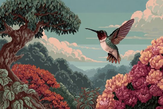 pixel art hummingbird over digital nature scene