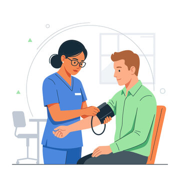 Nurse checks patient's blood pressure in a modern clinic, vector illustration