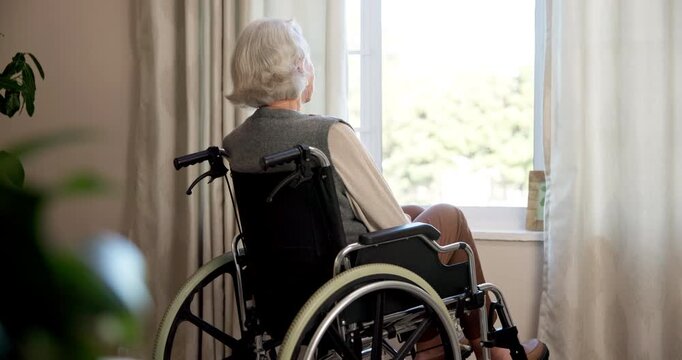 Thinking, back or old woman at window with wheelchair, daydream or nostalgia in calm mindset. Reflection, thoughts or elderly person with disability, flashback or peaceful perspective in retirement.