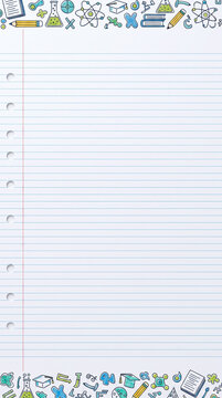 Doodle border of science and education icons on lined notebook paper background