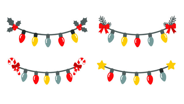 Festive Christmas string light garlands with holiday decorations