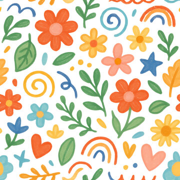 Hand-Drawn Seamless Floral Background with Botanical Flowers, Roses, Lotus, Hearts, Leaves and Blossoms | Elegant Spring Summer Nature Wallpaper Pattern | Soft Pastel Vector Line Art for Fabric, Texti