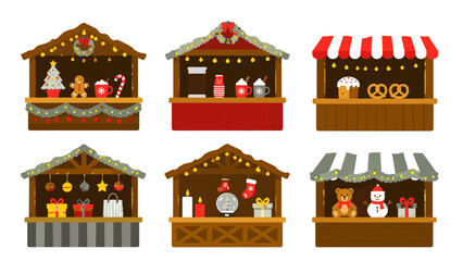 Obraz premium Set of festive market stalls with winter holiday decorations