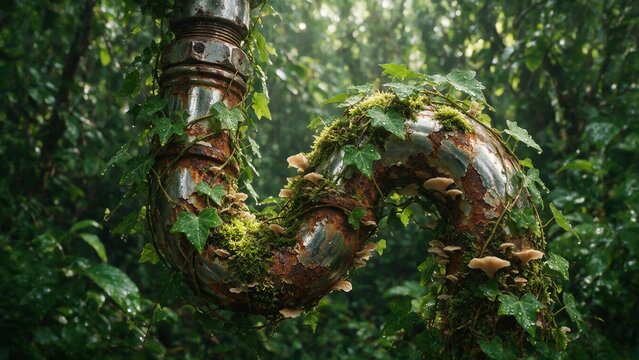 A weathered, rusty S-shaped chrome plumbing pipe overgrown with green ivy leaves, moss, and small forest mushrooms, representing nature reclaiming human waste.