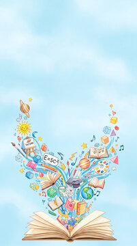 Open book releasing colorful symbols of knowledge and imagination into the sky