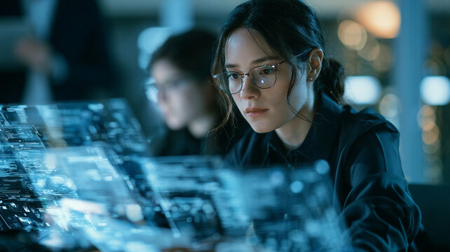 Employee artificial intelligence copilot collaboration technology computer interface office woman professional focused woman working with artificial intelligence copilot interface modern office