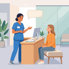 Fototapeta premium Nurse talking to patient at reception desk in modern clinic, healthcare concept