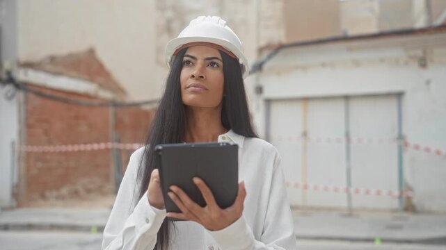 Woman architect in hardhat taps and scrolls tablet screen while inspecting a brick building site with caution tape and garage doors visible; professional focus.