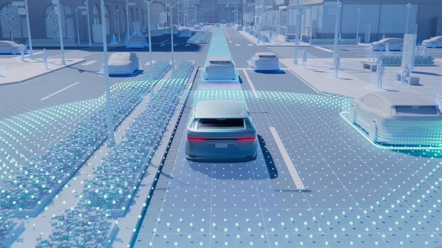 3D Animation Illustrating Technology and Sensors for Autonomous Taxi. Driverless Car Driving Through City Streets, Radars and Sensors are Shown. Concept: Fully Autonomous AI-Powered Self-Driving Taxi