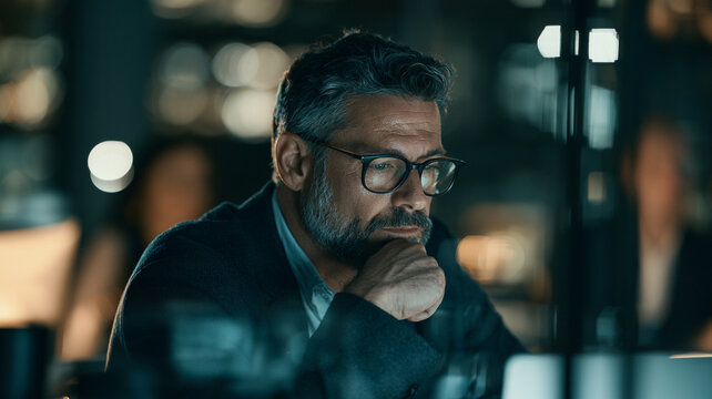 Workforce automation impact professional analyst contemplative man in office reviewing data with serious expression and digital reflection at night