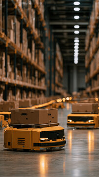 Warehouse robot cart automation workforce impact moves cardboard box through aisle in modern distribution center with blurred shelf and indoor logistic scene